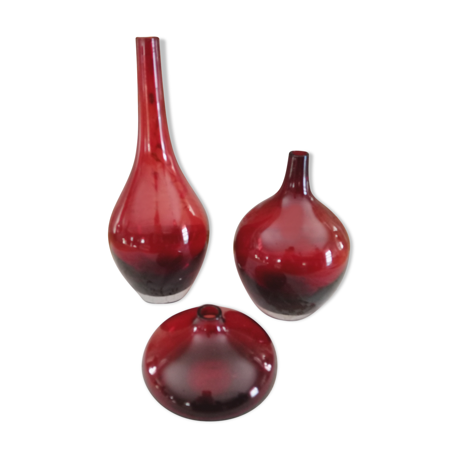 Lot of 3 vintage vases in burgundy red glass 3 sizes