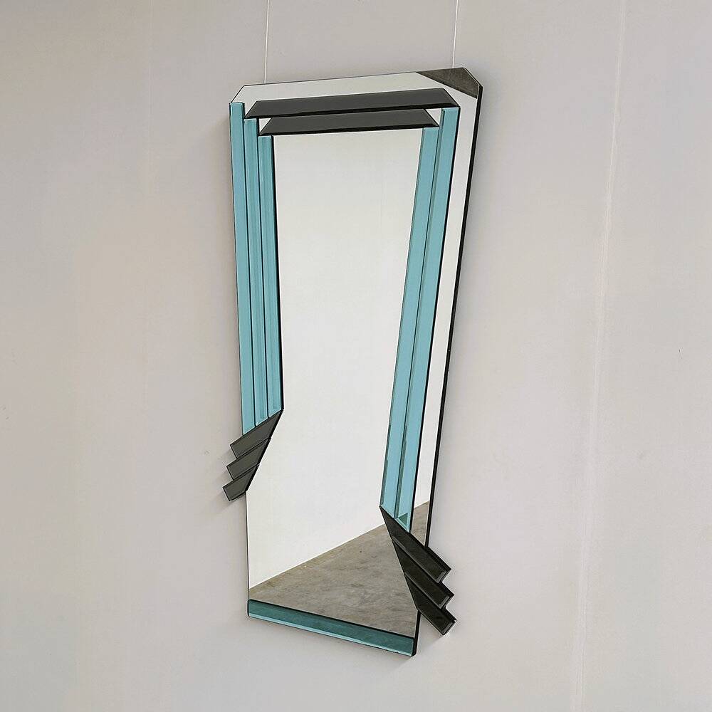 Postmodern geometric mirror with blue & dark gray smoked glass, 1980s