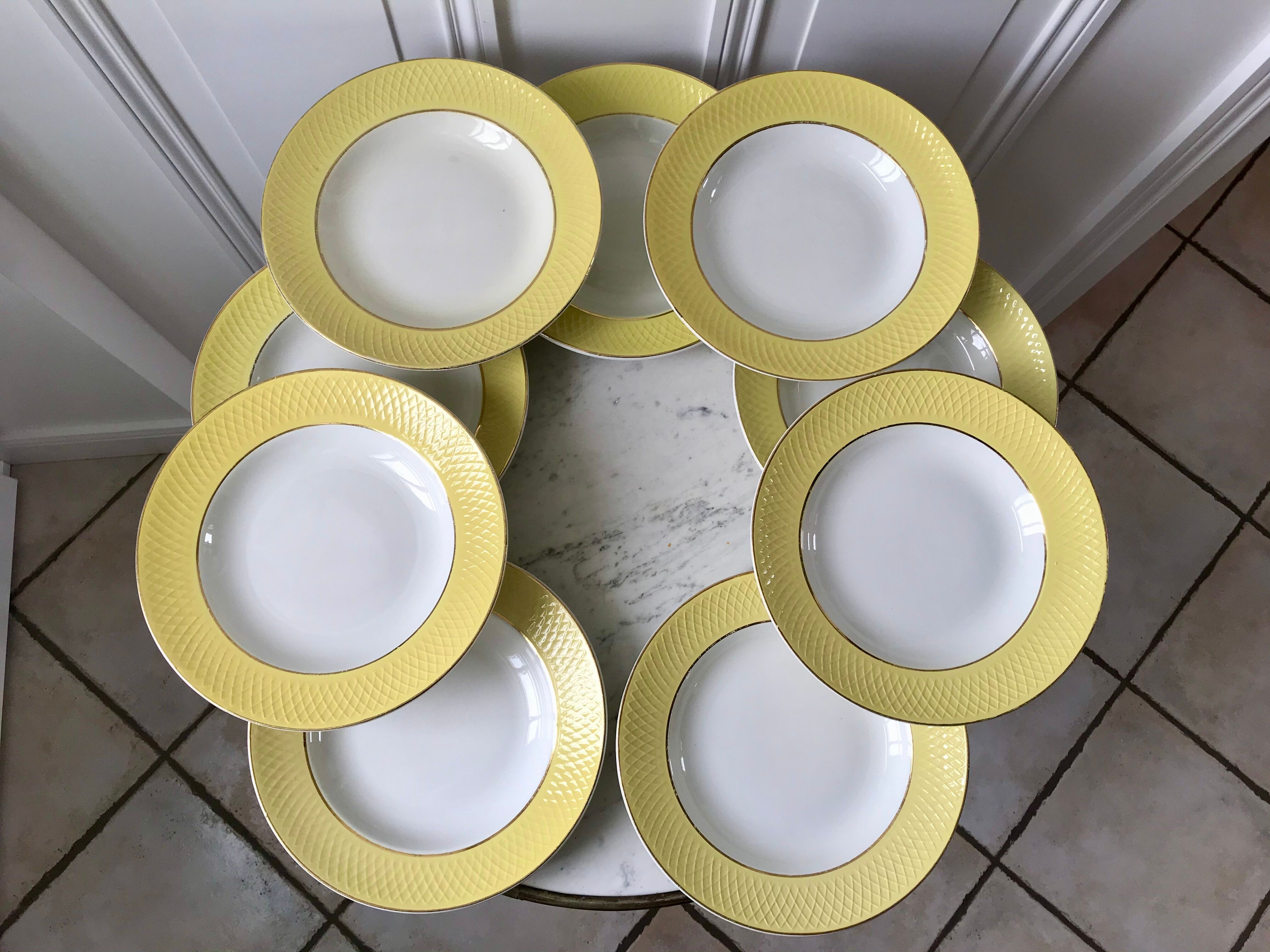 Lot of 9 pastel yellow hollow plates st amand textured 50s-60s