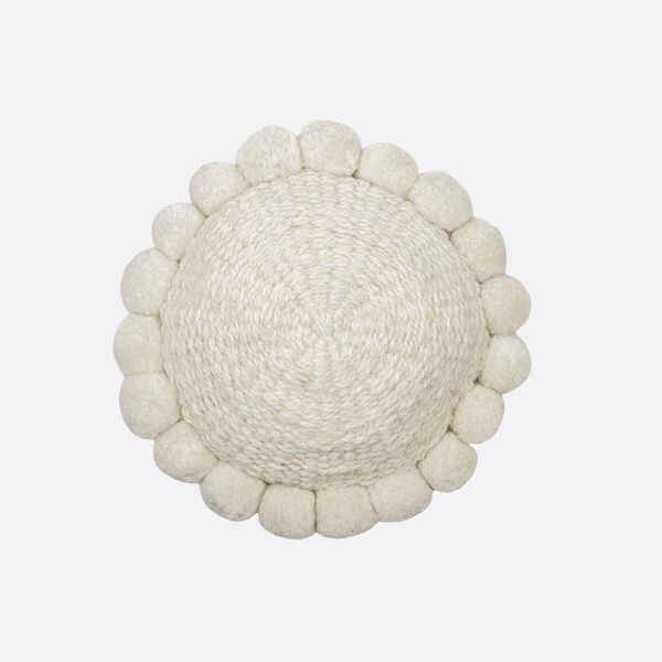 Mini coussin rond à pompons blanc en laine