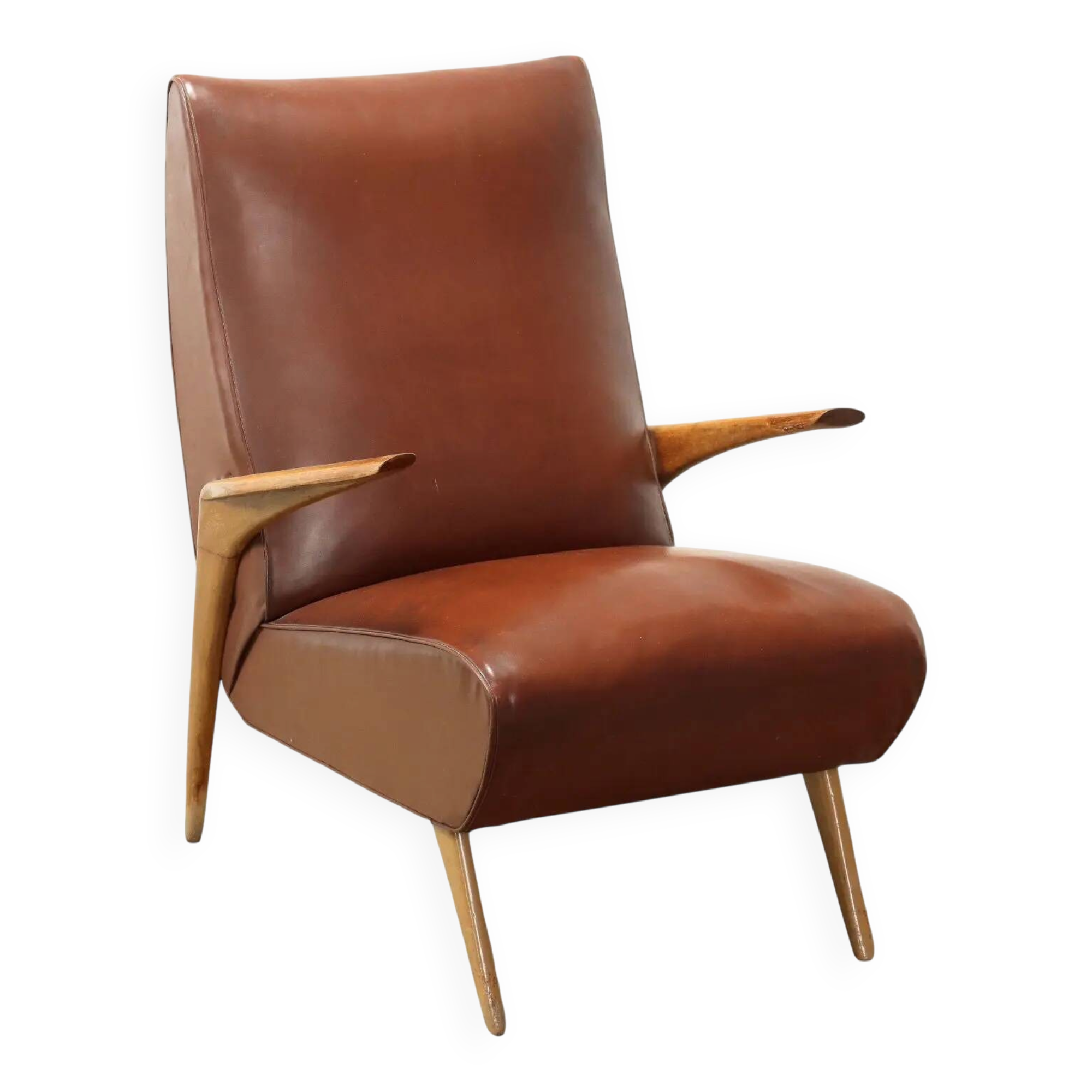 Fauteuil vintage en bois, rembourrage à ressorts, similicuir, années 1950
