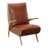 Fauteuil vintage en bois, rembourrage à ressorts, similicuir, années 1950