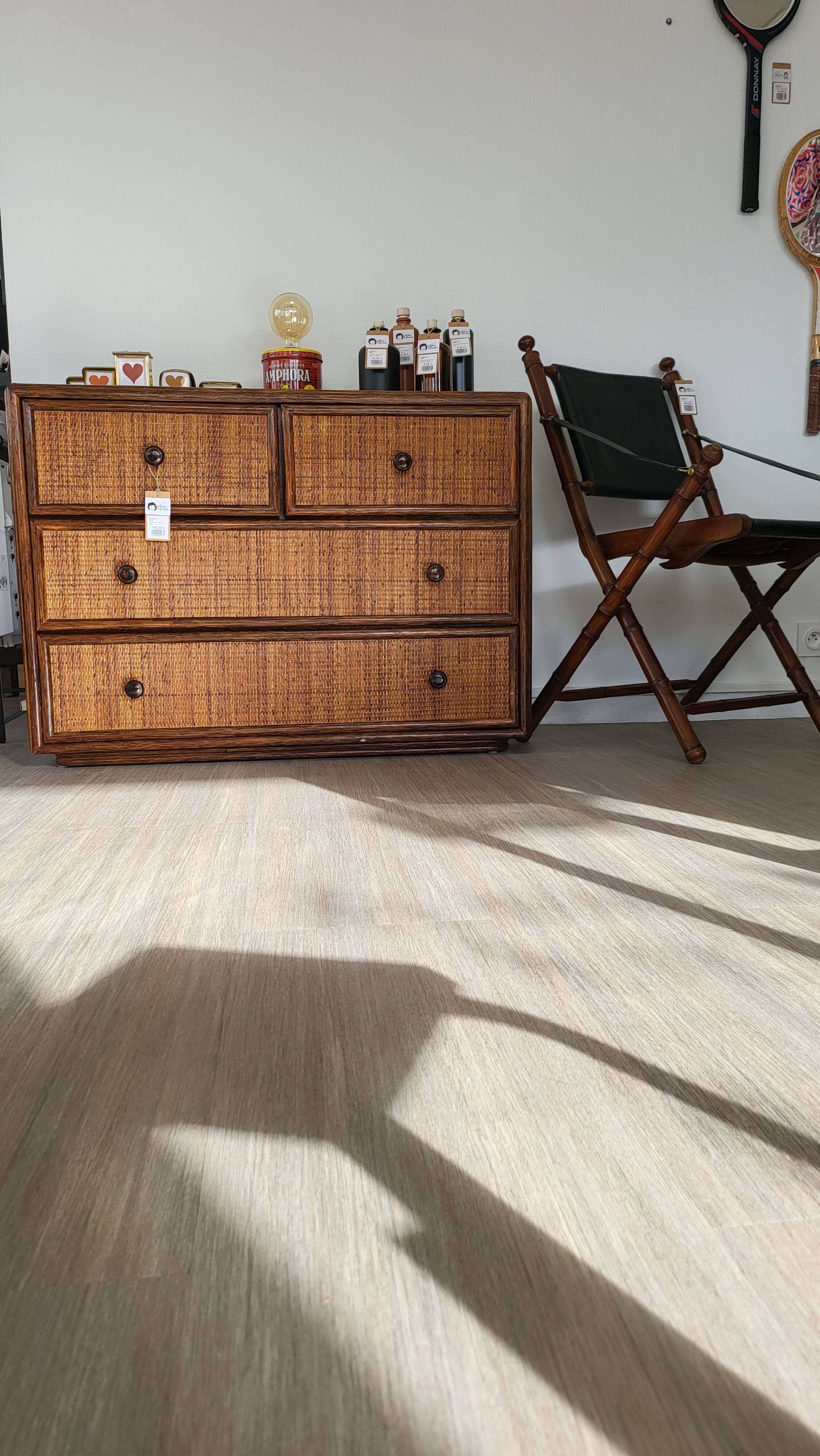 Rattan and solid wood chest of drawers