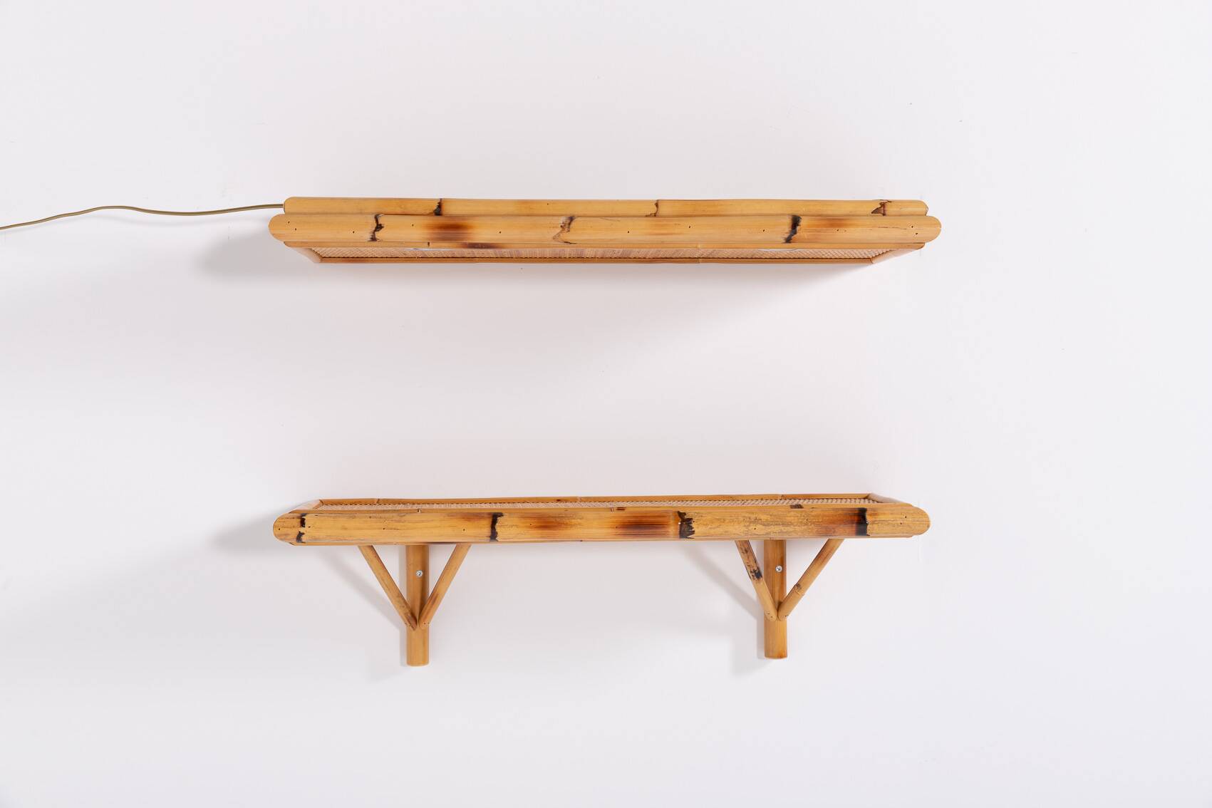 Pair of vintage bamboo-cane wall shelves