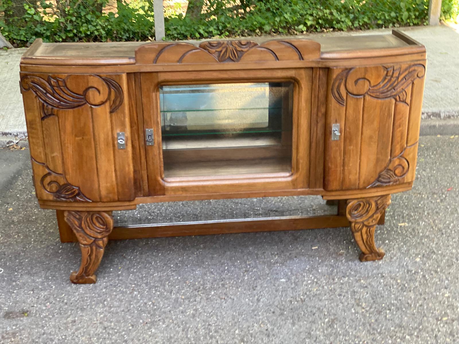 Art Deco sideboard top, low display cabinet in solid wood and mirror from the 1940s.