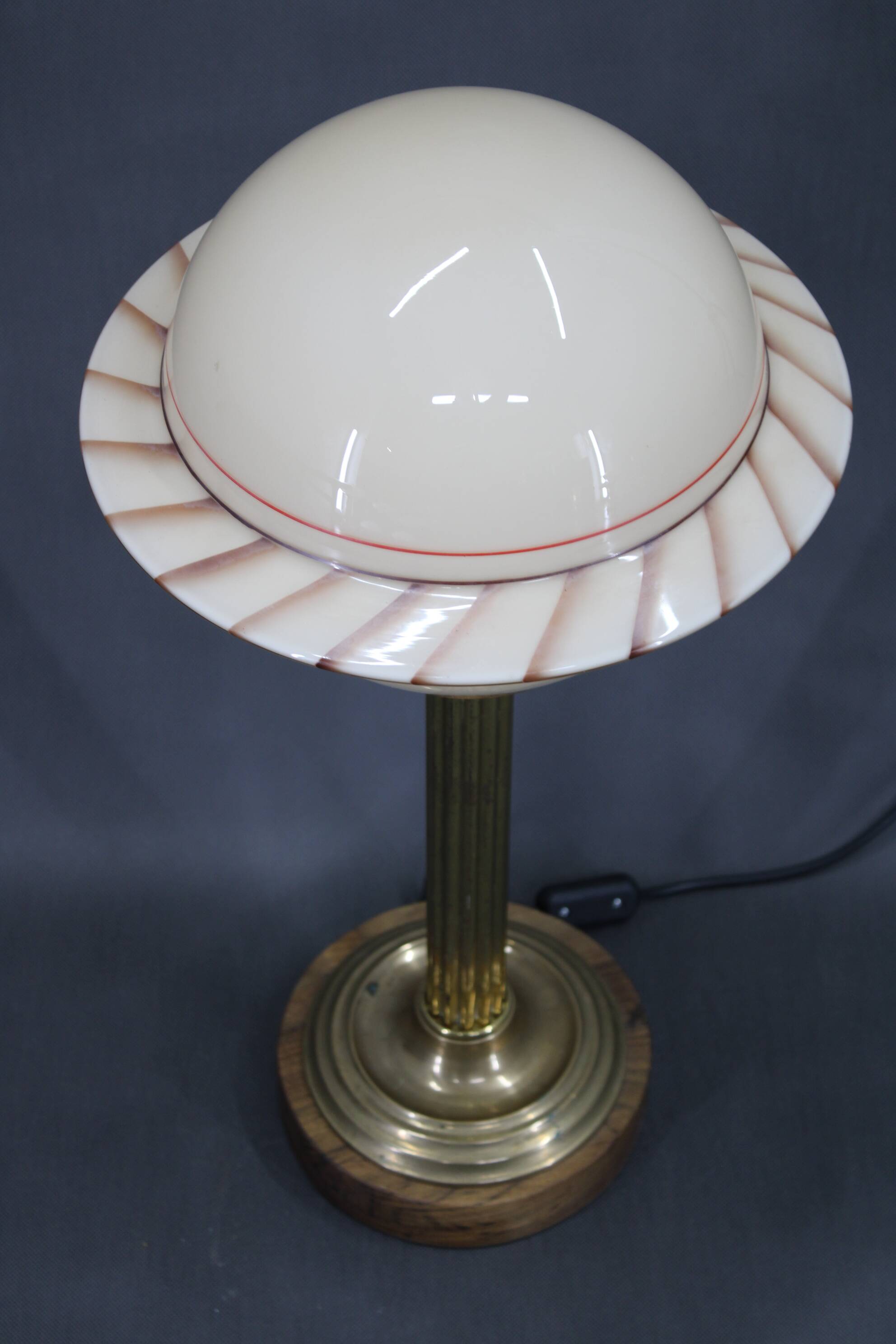 1940s Restored Brass Table Lamp with Wooden Base and Glass Shade