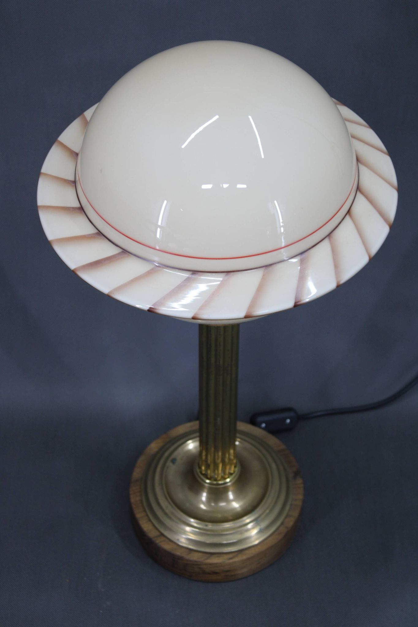 1940s Restored Brass Table Lamp with Wooden Base and Glass Shade