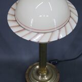 1940s Restored Brass Table Lamp with Wooden Base and Glass Shade