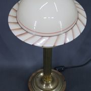1940s Restored Brass Table Lamp with Wooden Base and Glass Shade
