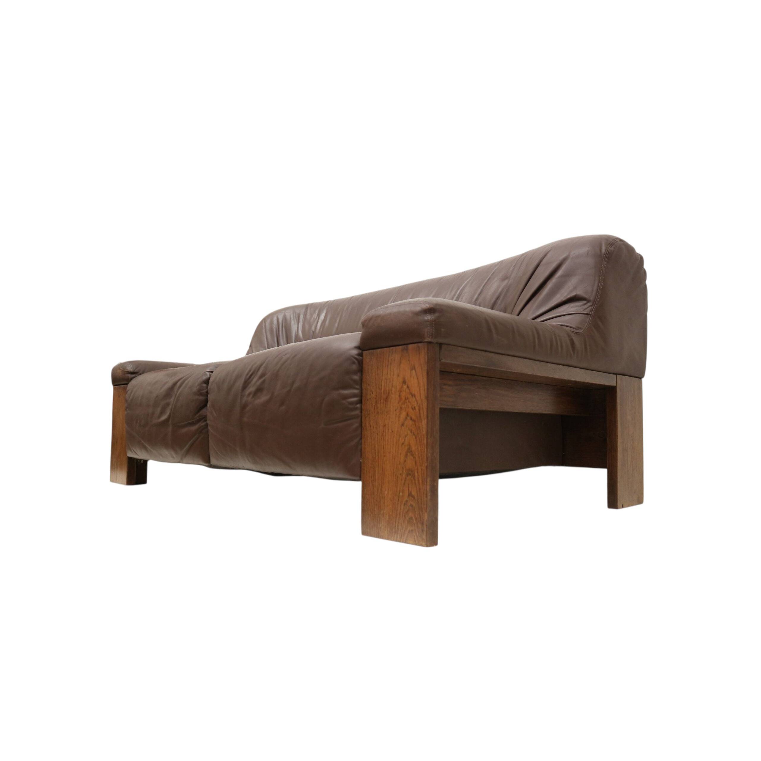 Brutalist 2-seater leather sofa – brown leather with wenge wood frame