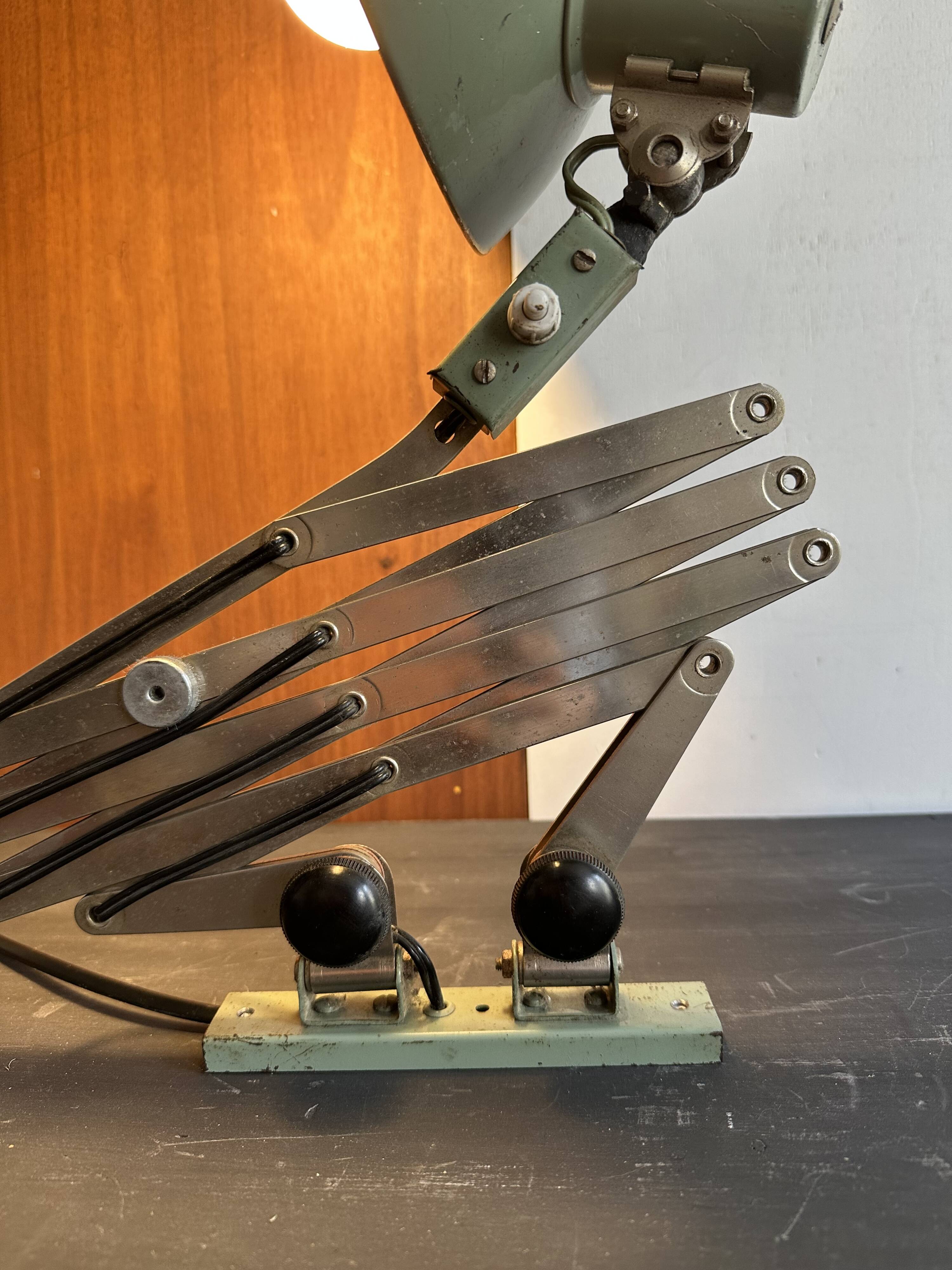 Old extendable accordion lamp in celadon green, workshop spirit.