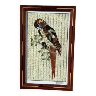 Parrot frame in marquetry butterfly wing art center Africa