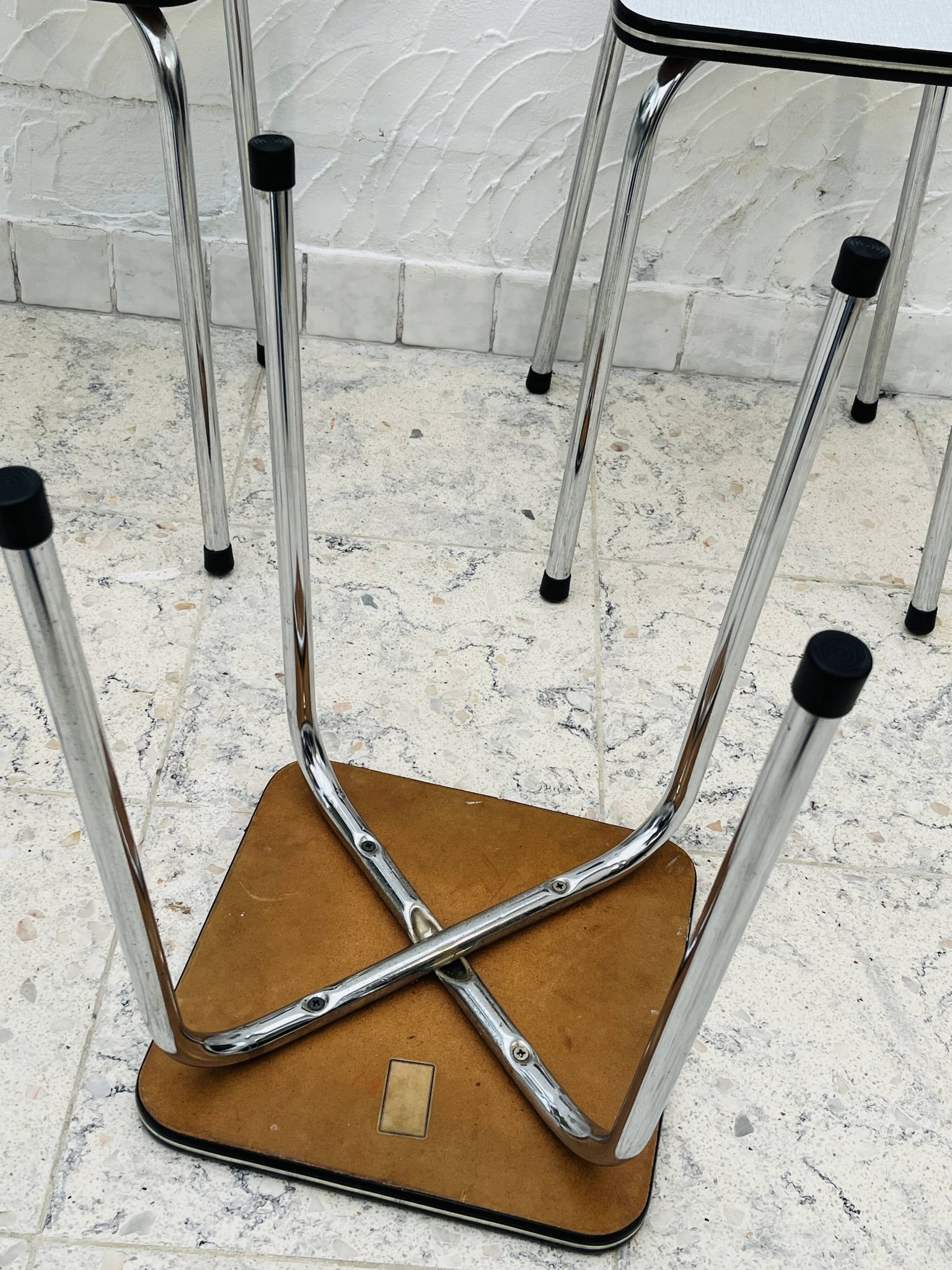 Set of 4 vintage grey chrome Formica stools.