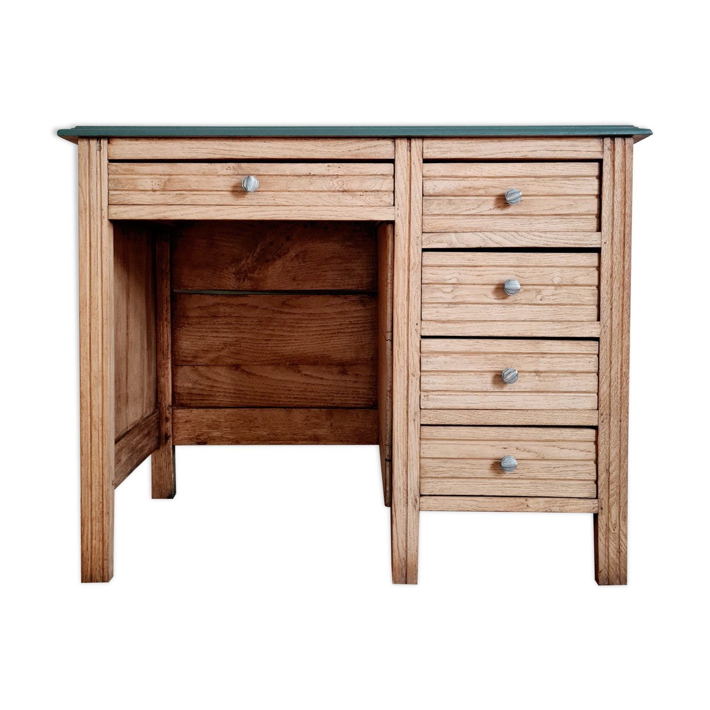 Bureau ancien en bois plateau vert et tiroirs