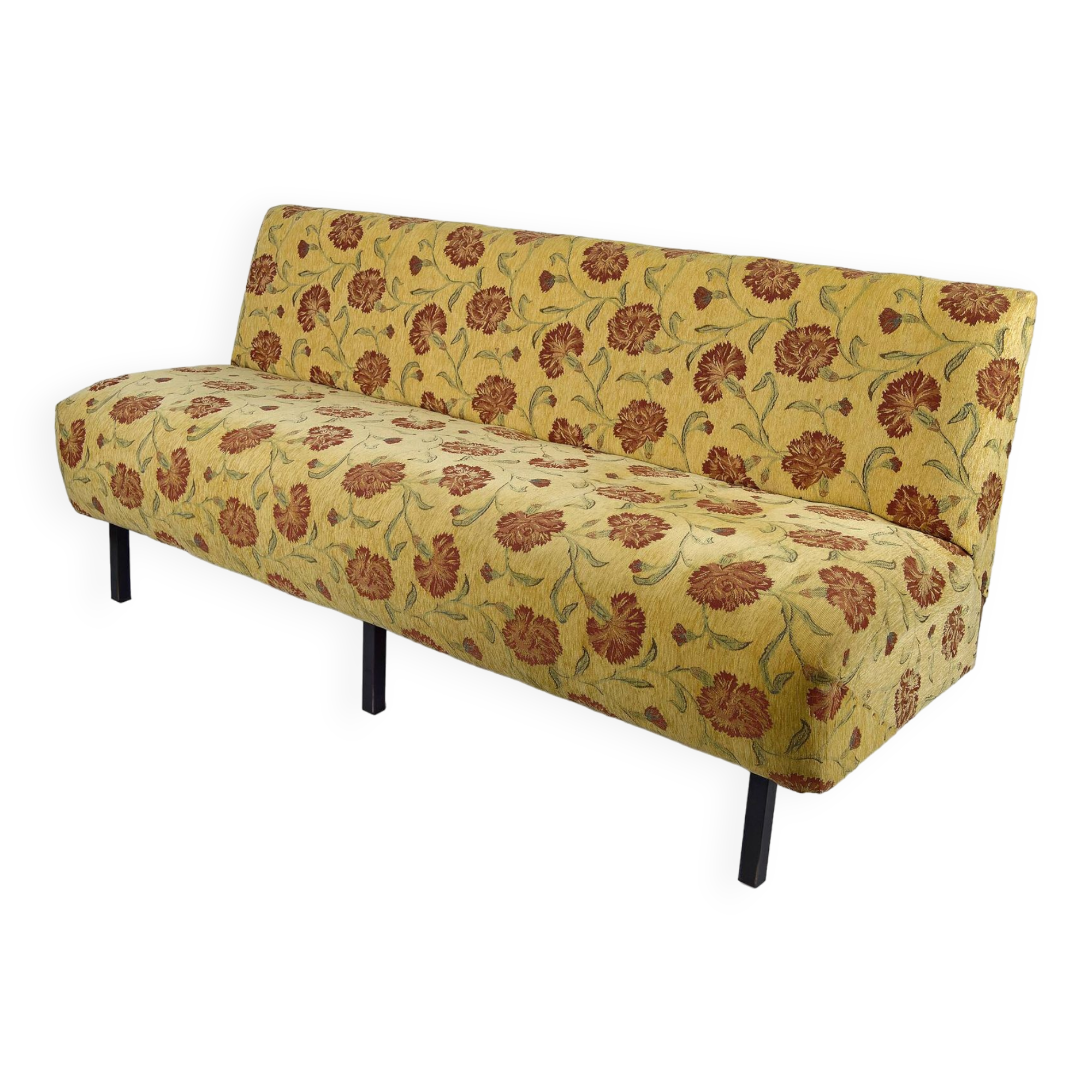 Bench with yellow and red floral fabric, France, circa 1960