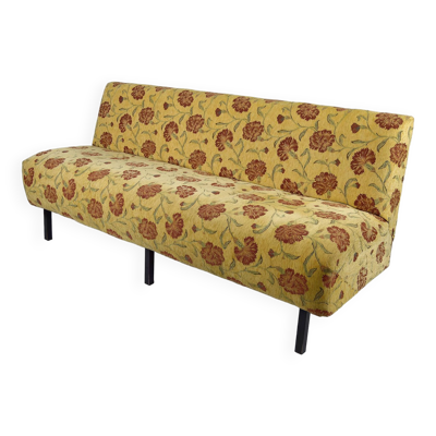 Banquette à tissu floral jaune et rouge, France, circa 1960