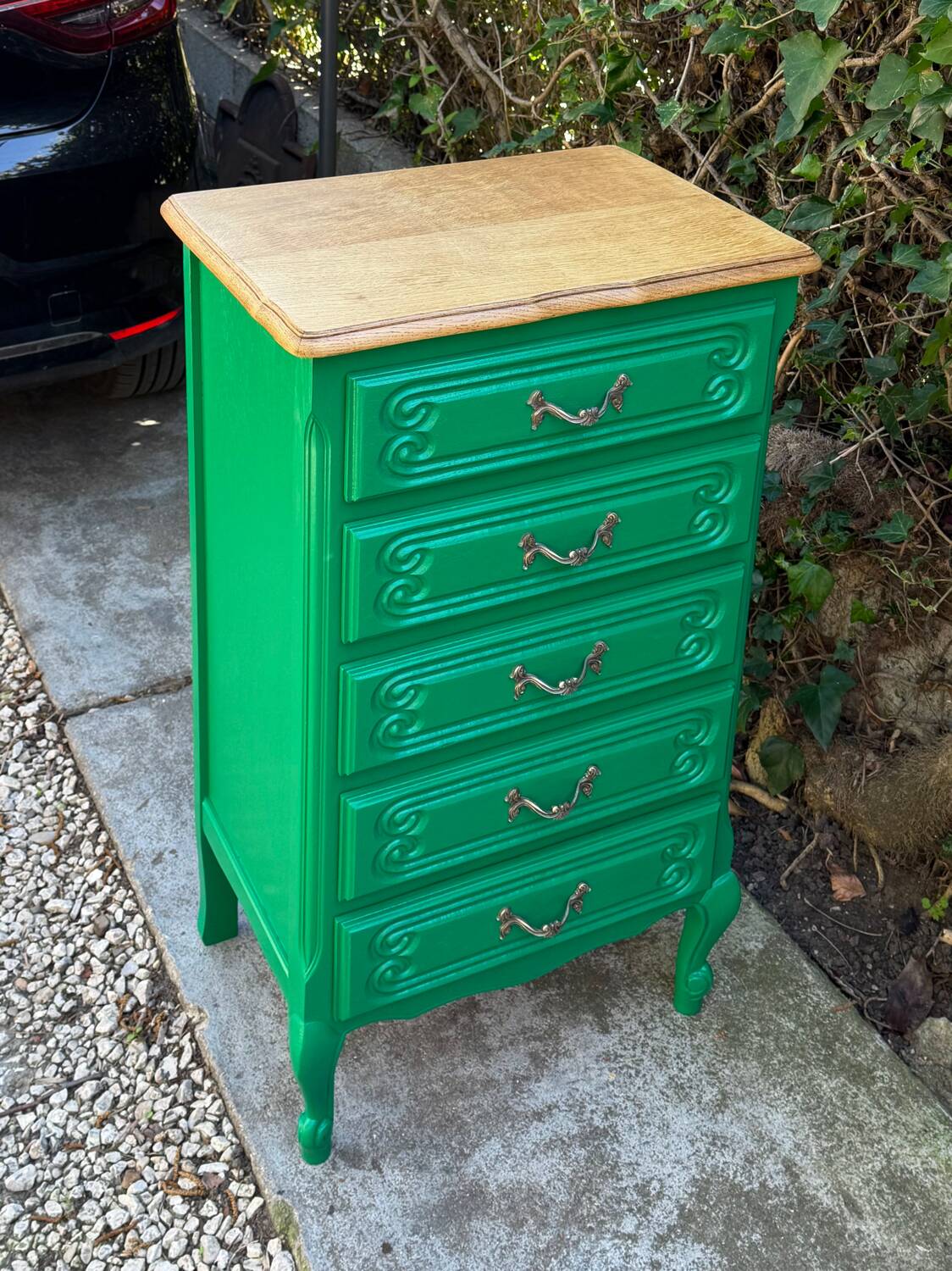 Vintage green oak chest of drawers from the 1960s.