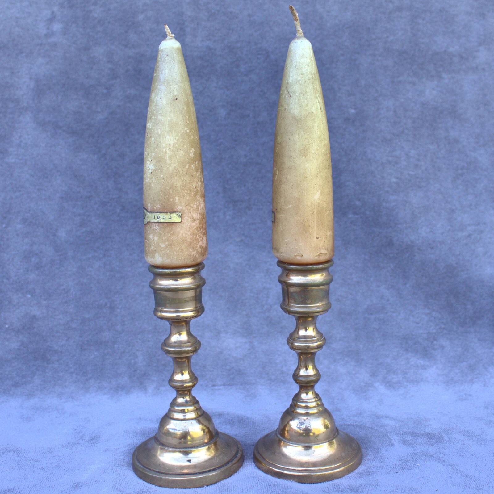 Vintage Set of 2 Brass Candle Holders with Antique Candles, Elegant Home Decor