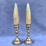 Vintage Set of 2 Brass Candle Holders with Antique Candles, Elegant Home Decor