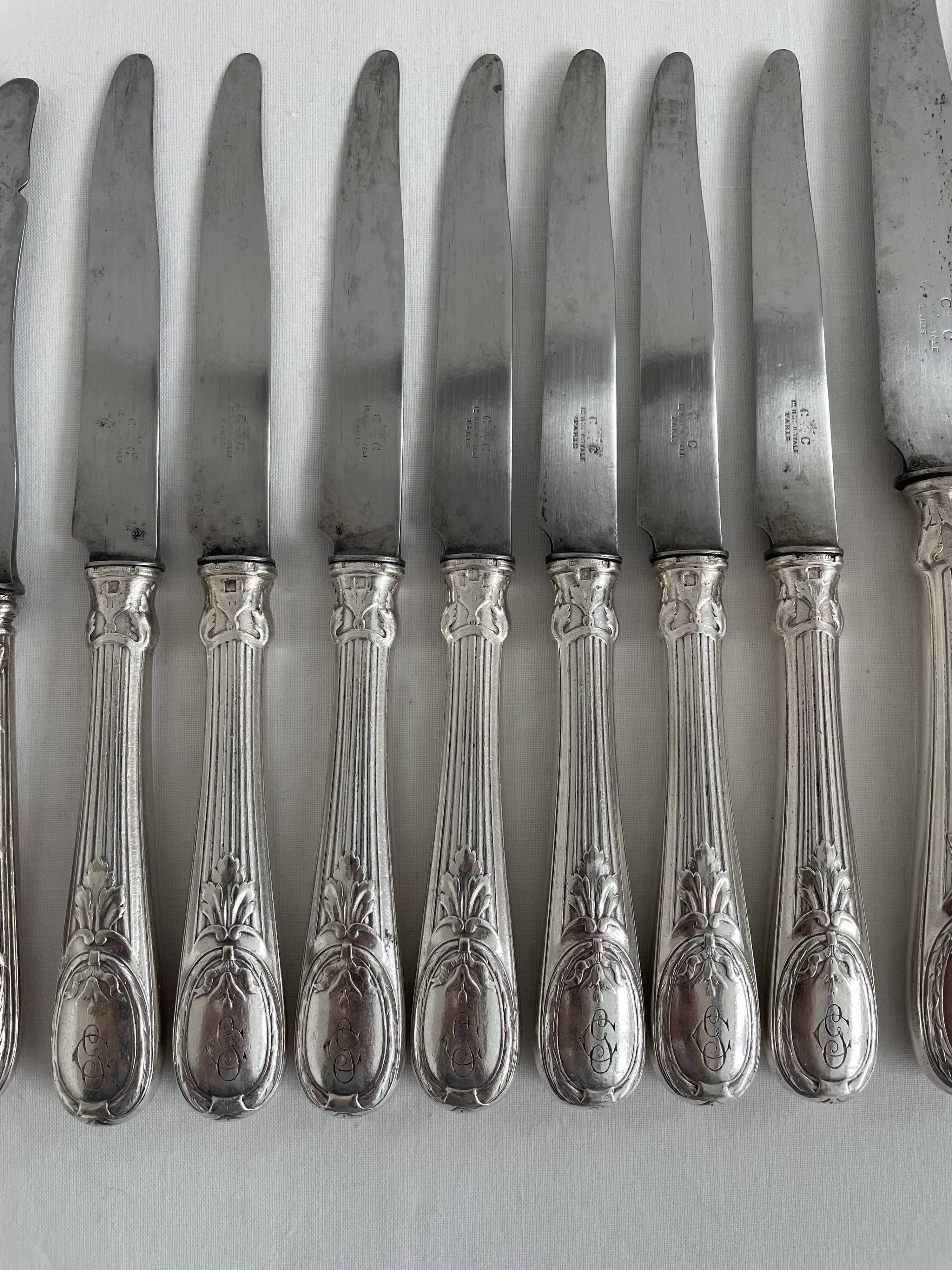 Knife set, Charles Christofle, silver plated metal, Art Nouveau, plant decoration, cheese, large