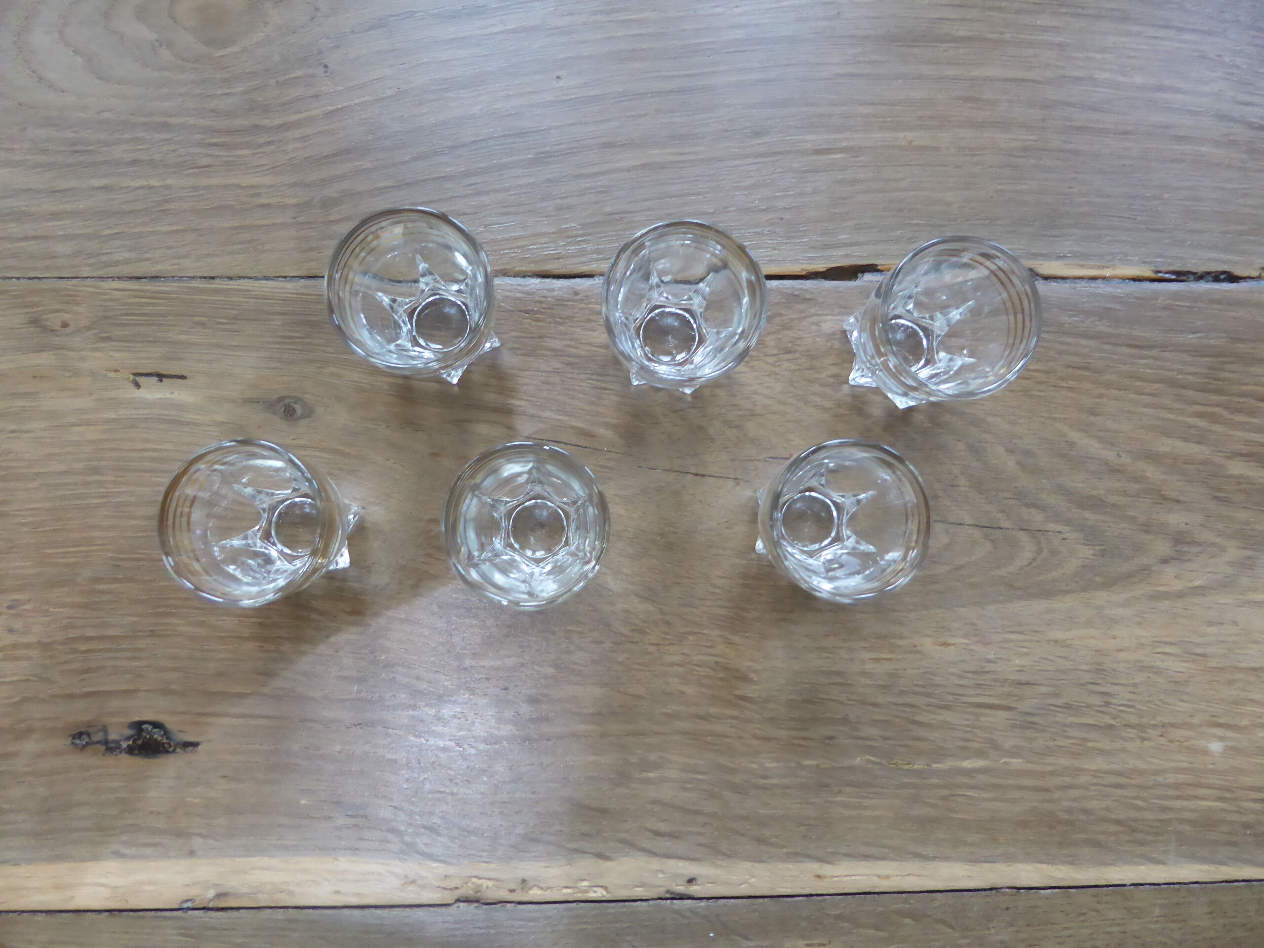 6 clear liquor glasses with golden edict