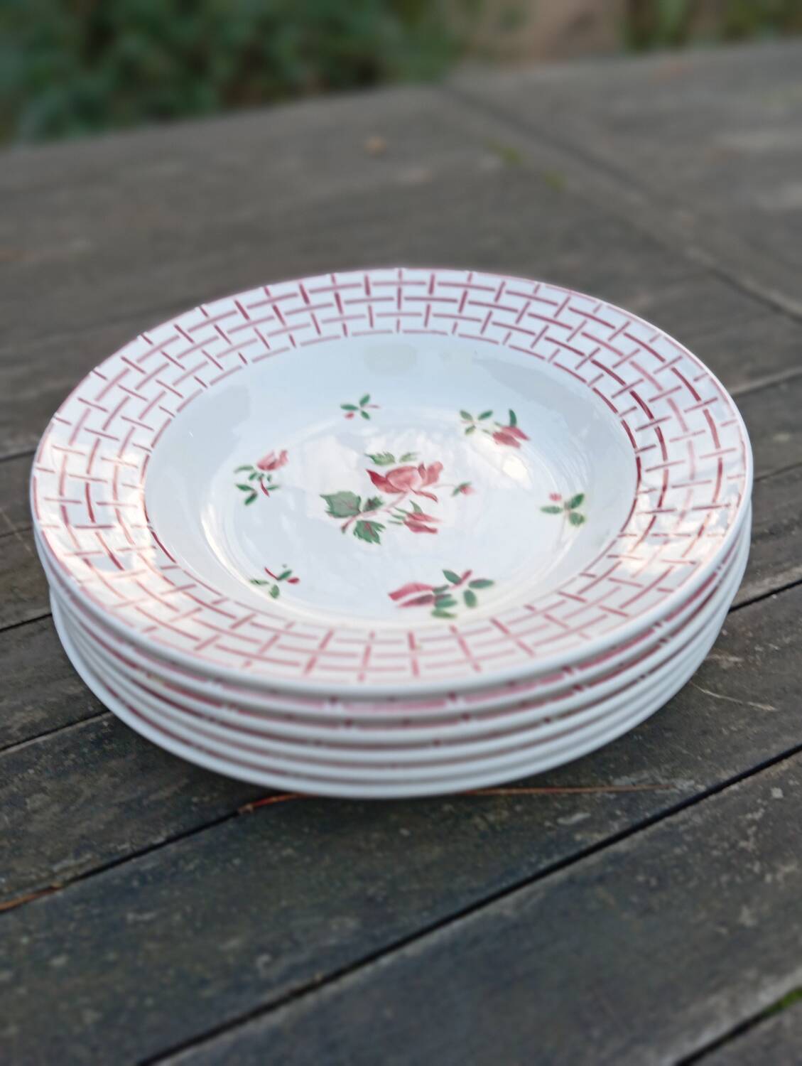 6 Rosa earthenware soup plates by Digoin Sarreguemines, 1950s