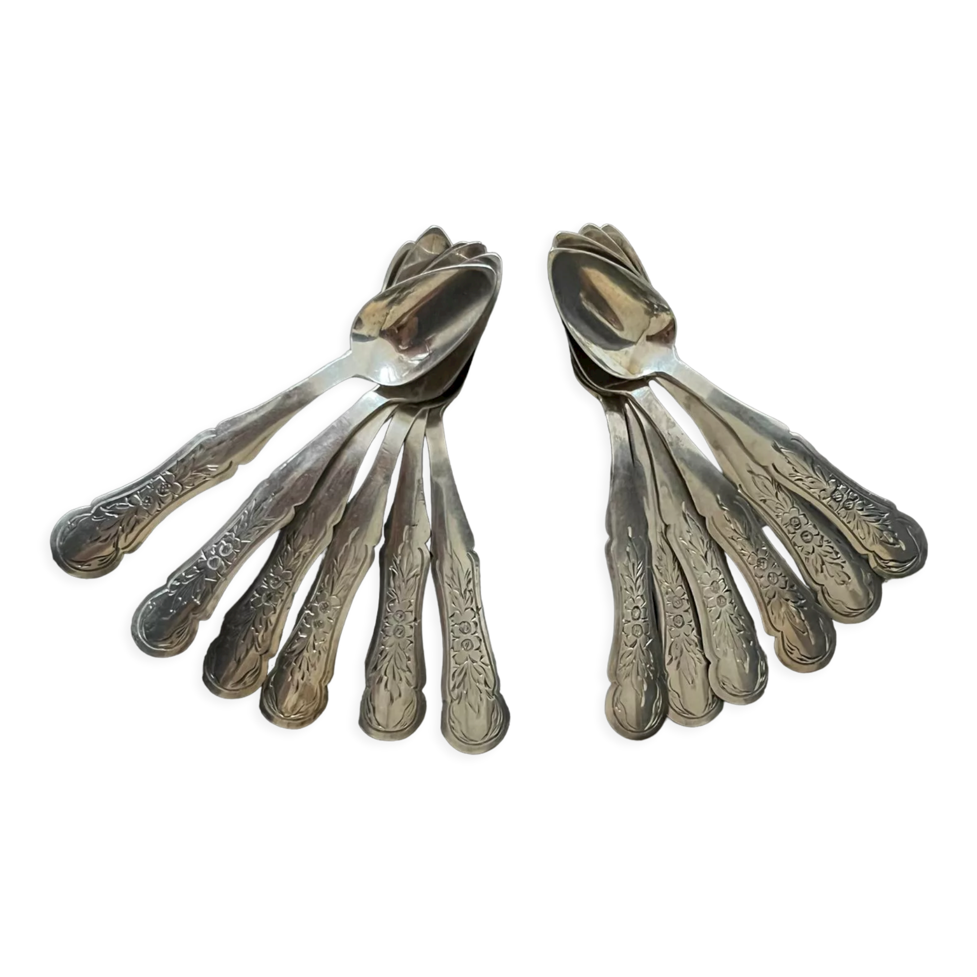 12 silver mocha spoons with flower decoration dating from 1916