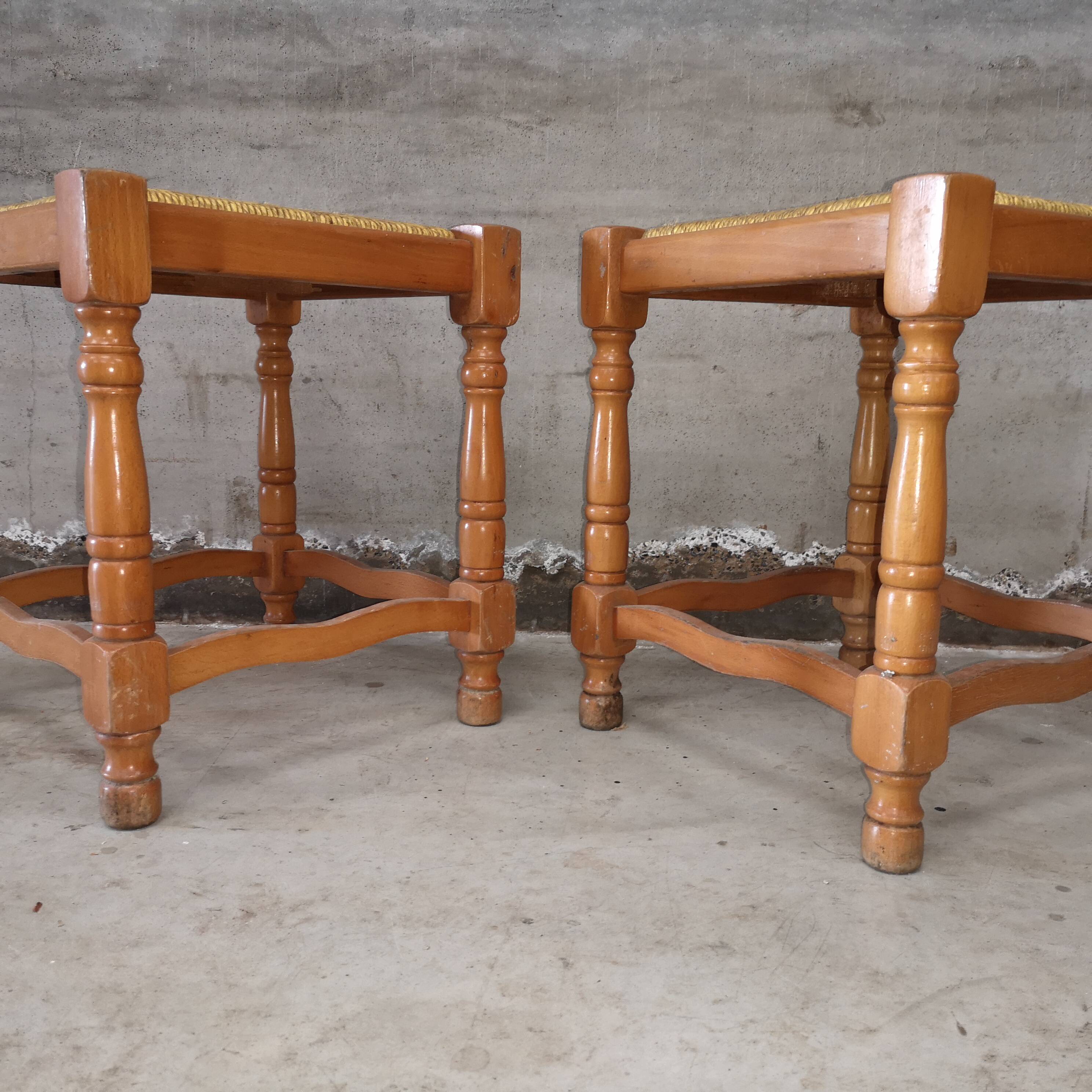Paire de Tabourets Vintage Rustiques  Hêtre et Paille 1970 1980
