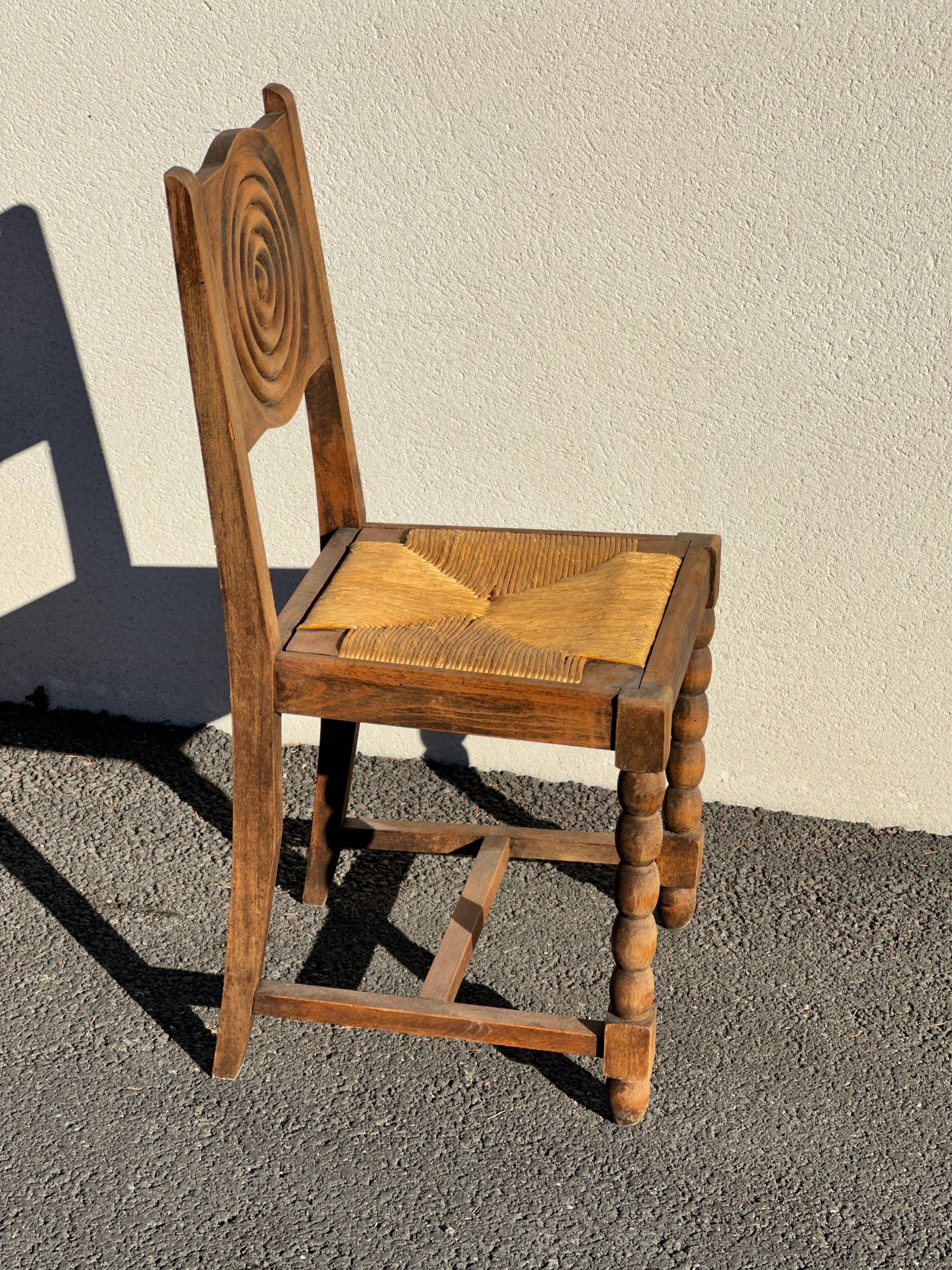 6 rustic style chairs, wood and straw, 1940