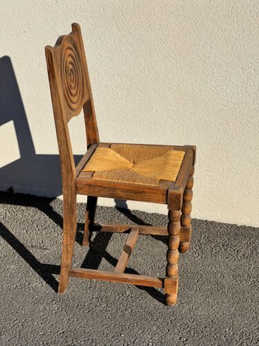 6 chaises de style rustique, bois et paille, 1940