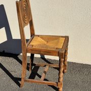 6 rustic style chairs, wood and straw, 1940