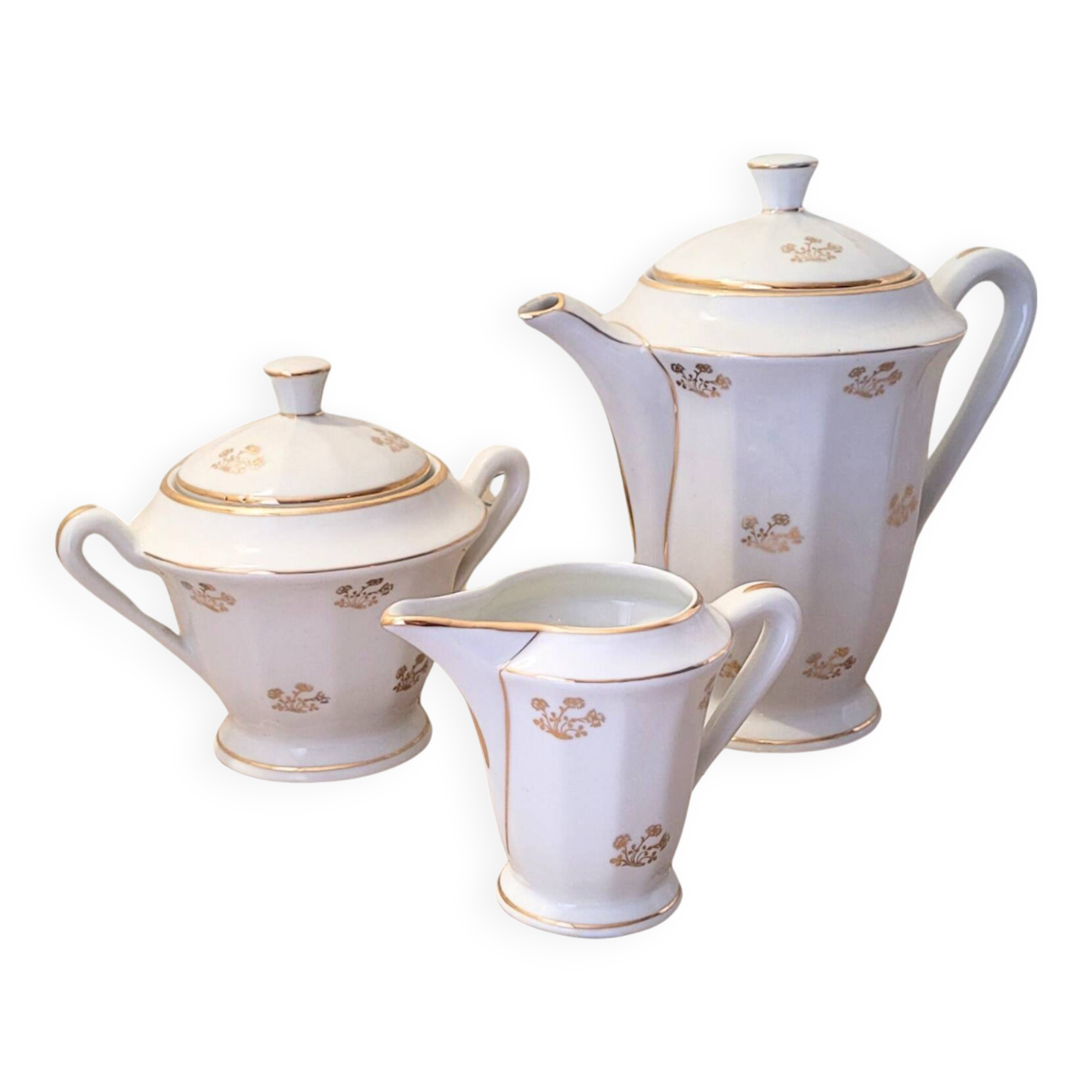 Service à thé en porcelaine de Limoges blanche et dorée, années 50