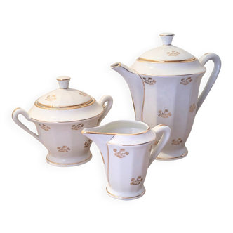 Service à thé en porcelaine de Limoges blanche et dorée, années 50