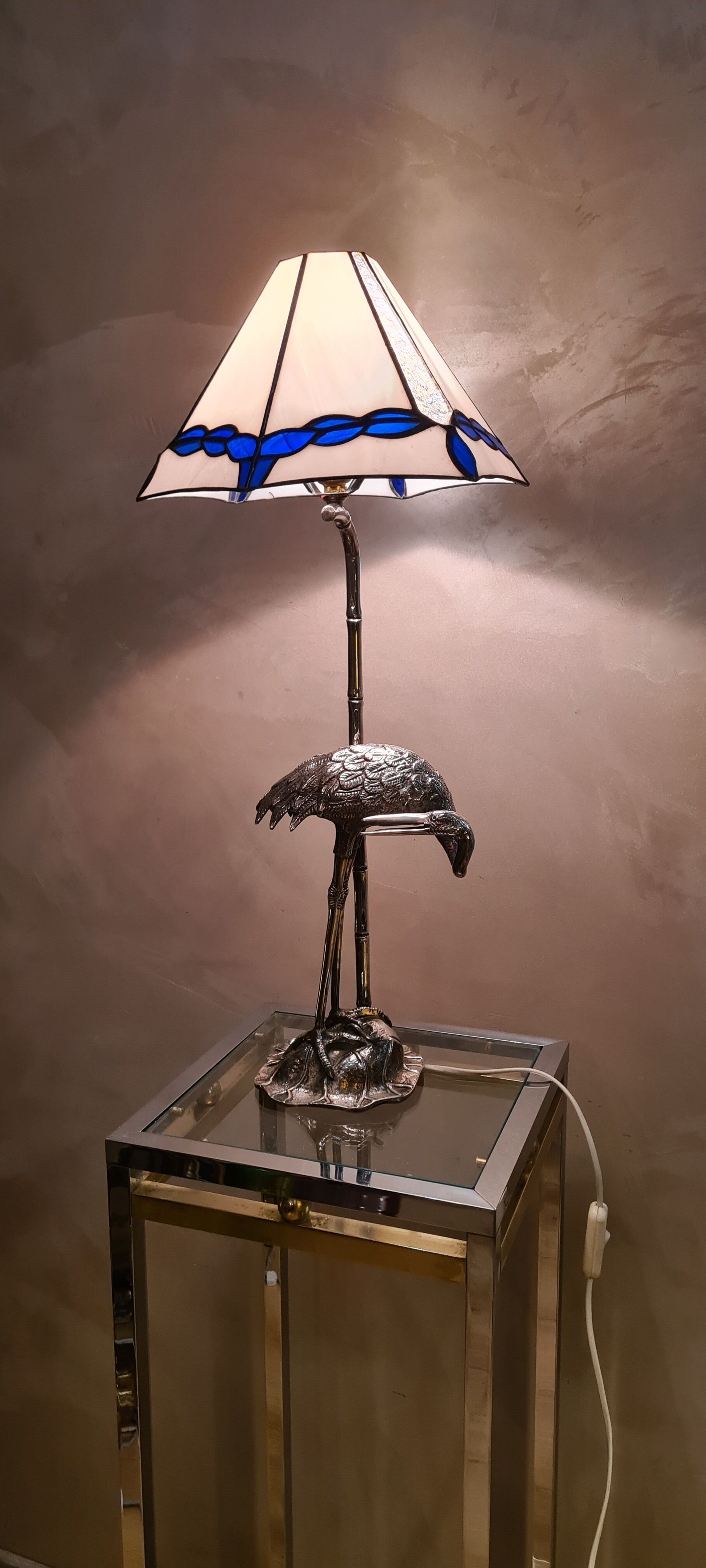 silver metal lamp, heron, wader, bamboo