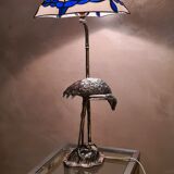 silver metal lamp, heron, wader, bamboo