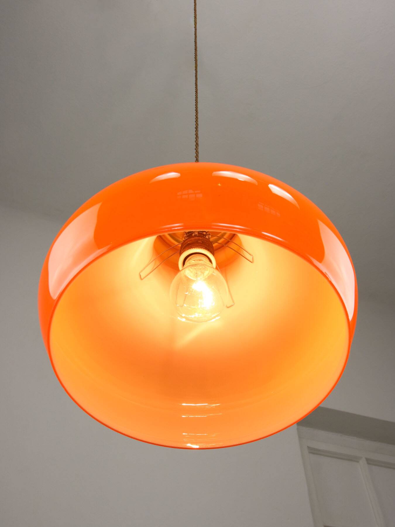 Mid-Century Modern Italian Orange Glass and Brass Pendant Lamp