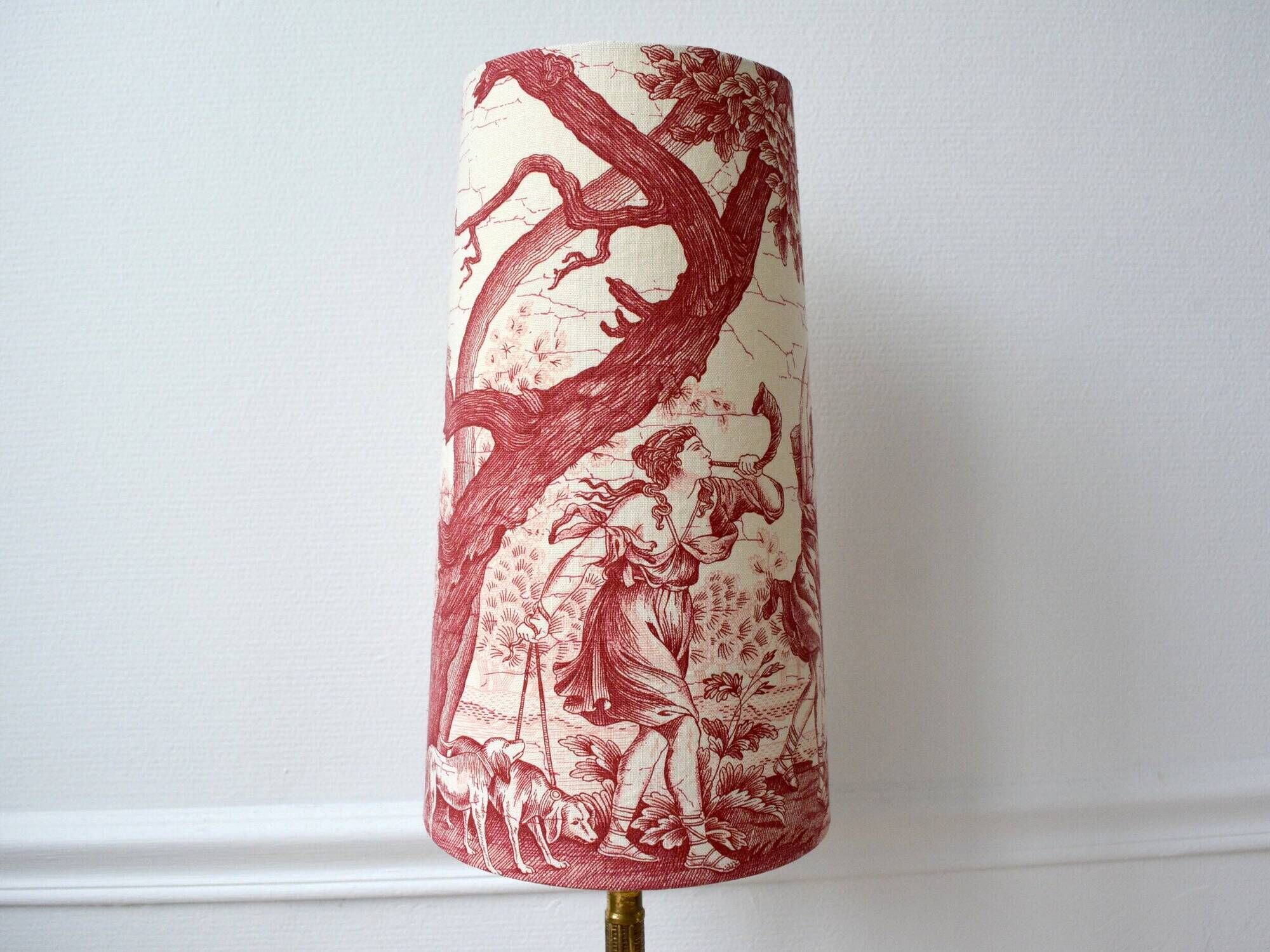 Red toile de Jouy lampshade, Diana the Huntress Greek goddess