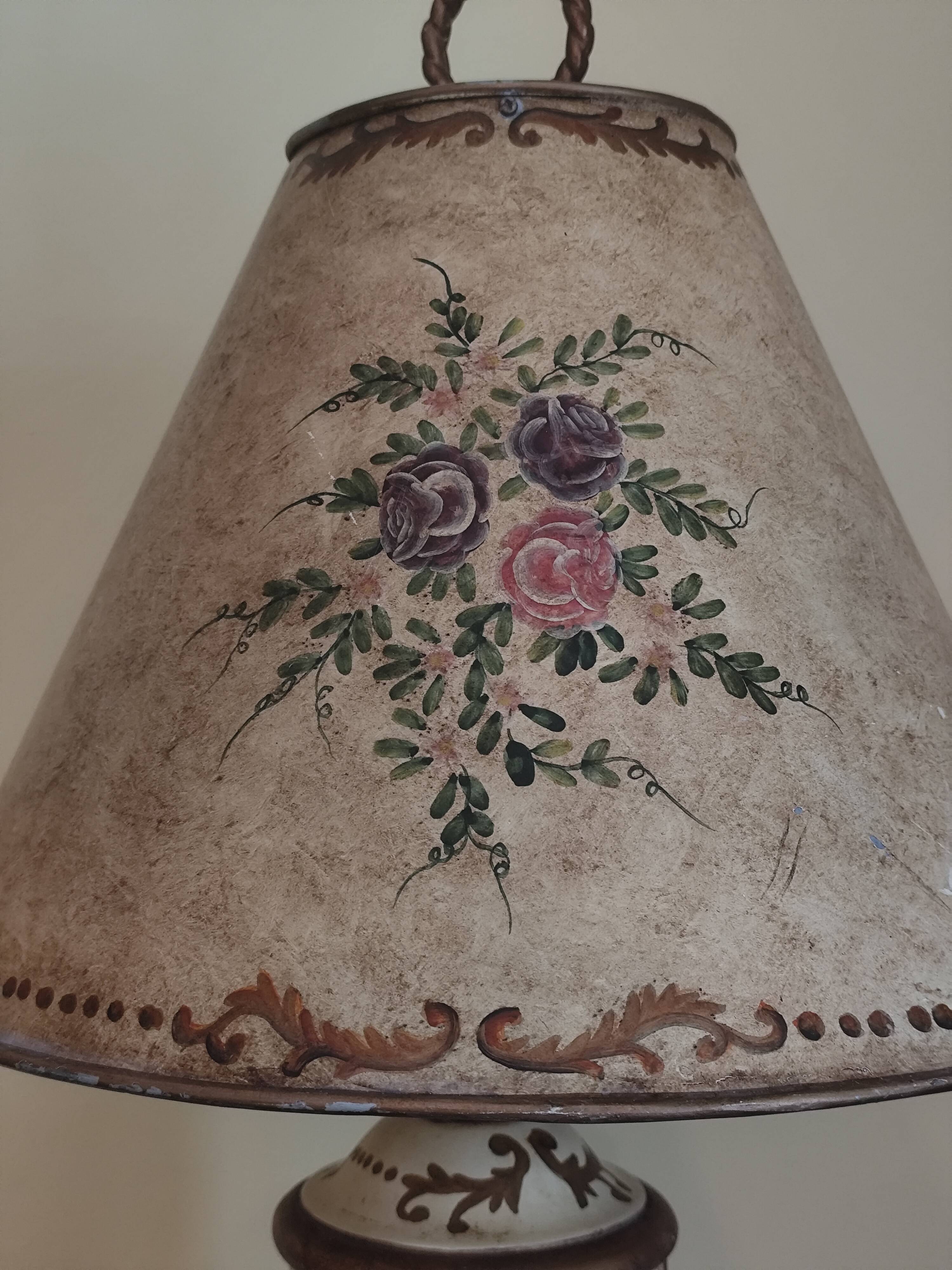 Large pagoda lamp painted with floral patterns and metal shade.