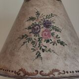 Large pagoda lamp painted with floral patterns and metal shade.