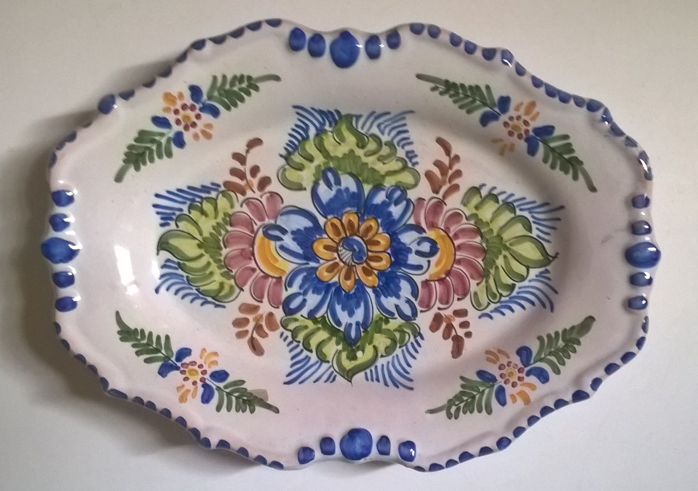 Old oval wall plate handmade and signed vintage floral decor