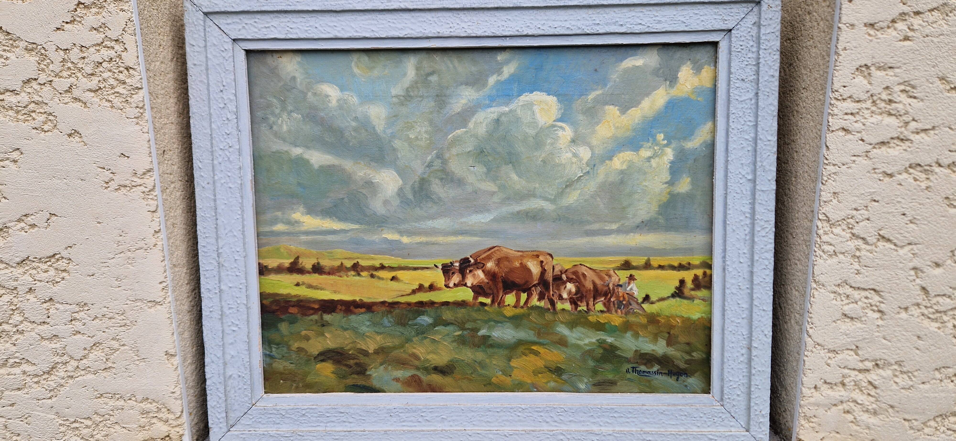 Oil painting landscape and herd of cows