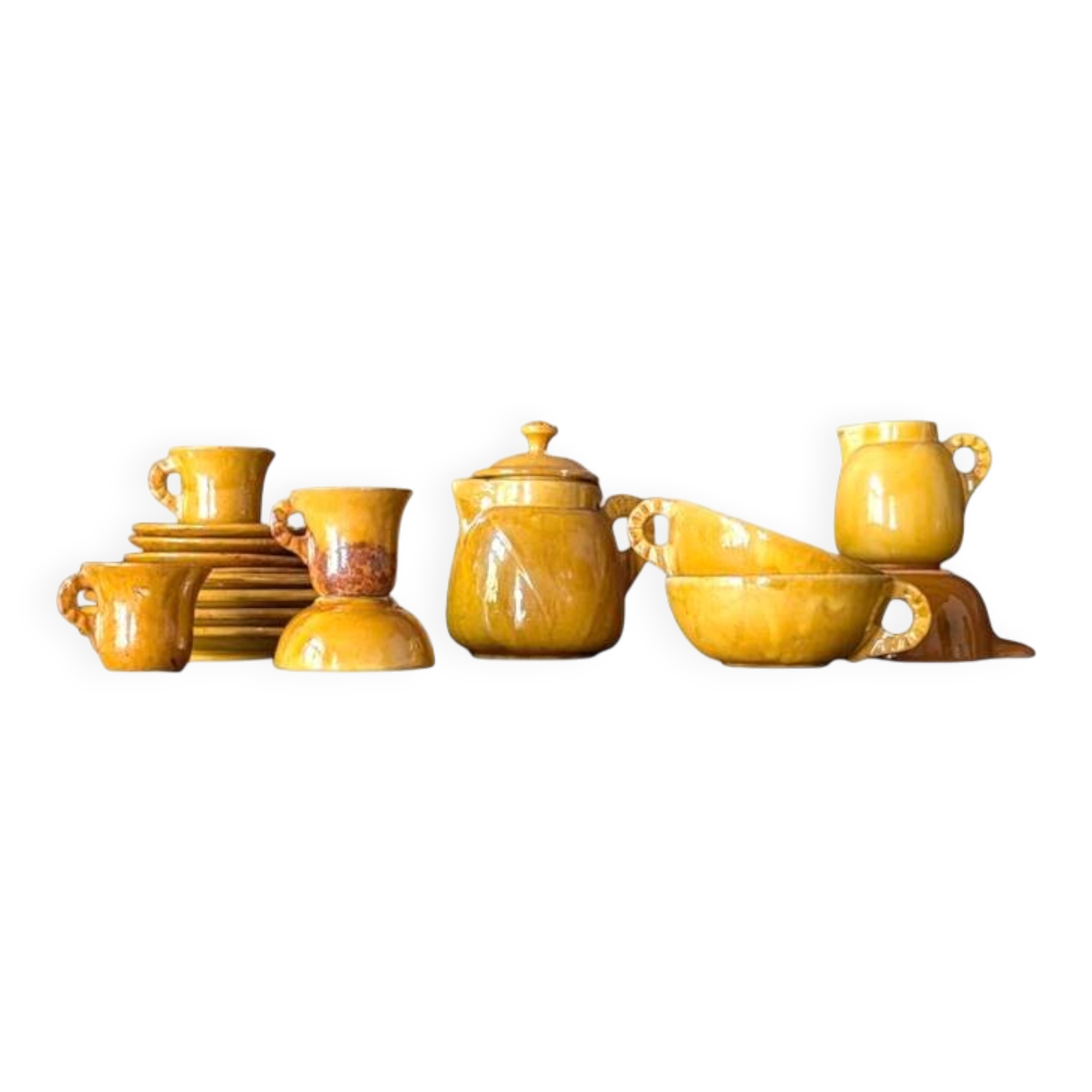 Ensemble de vaisselle vintage en grès émaillé jaune moutarde — 17 pièces