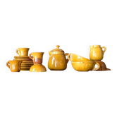 Vintage stoneware dinnerware set in mustard yellow — 17 pieces