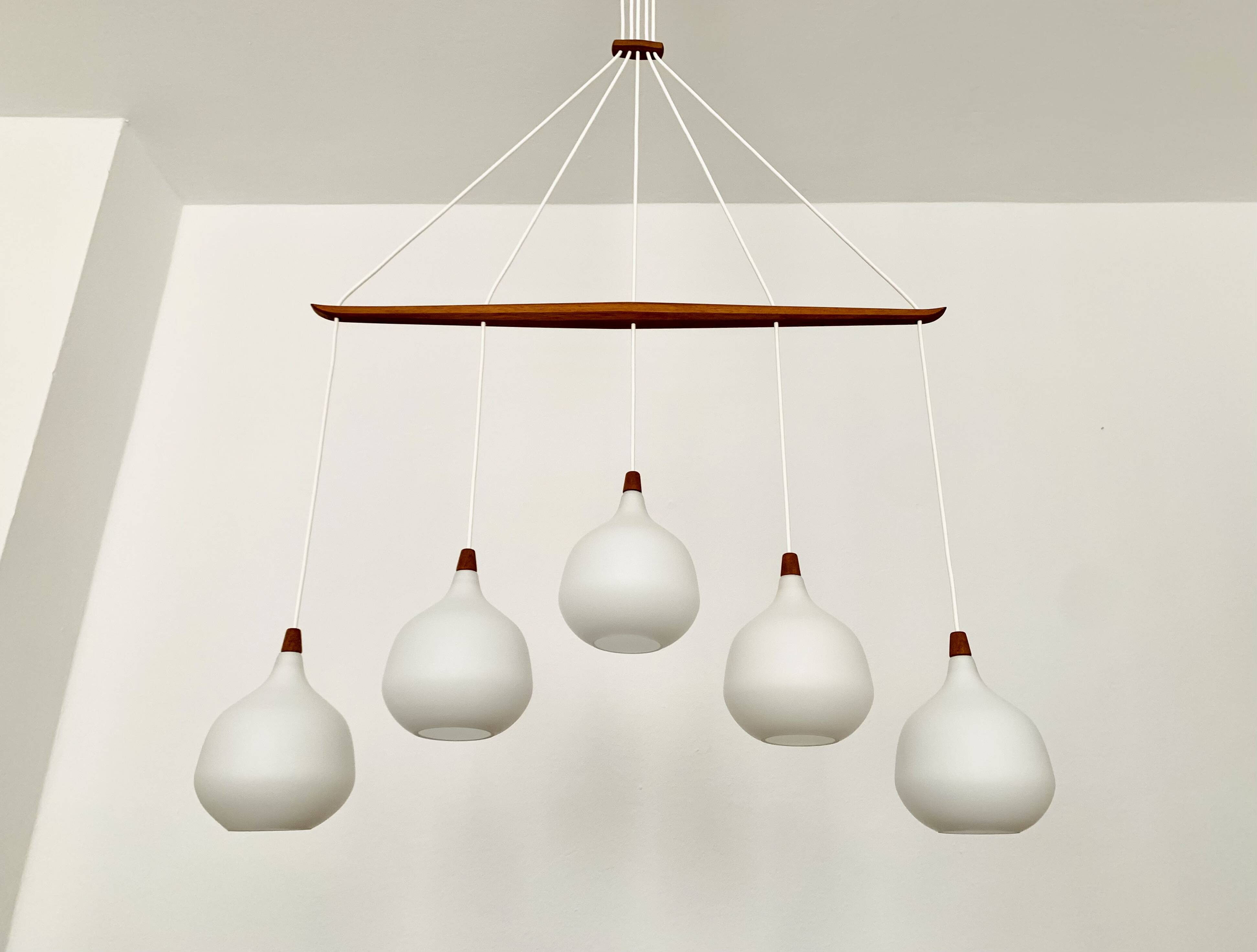 Opaline and Teak Chandelier by Uno and Östen Kristiansson