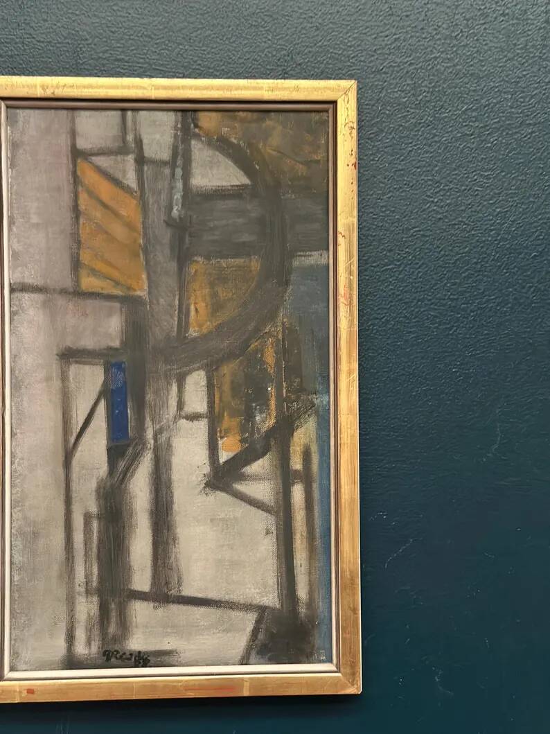 Original Danish Oil on Canvas – “Gul Figurkomposition” by P. Primdahl – Signed – Dated 1958 – Vintage & Framed – 43 × 27 cm (16.9" × 10.6")