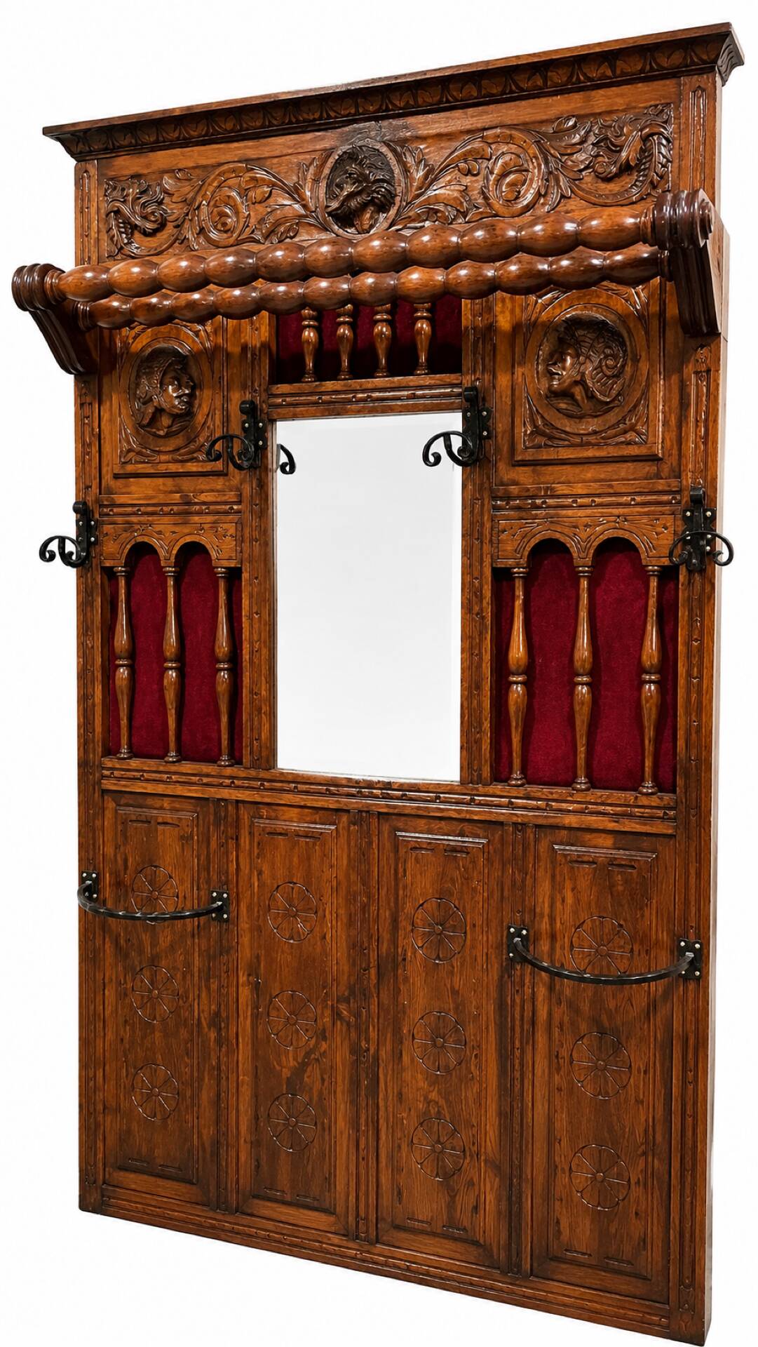 Antique neo-Renaissance hall coat rack with mirror and umbrella stand.