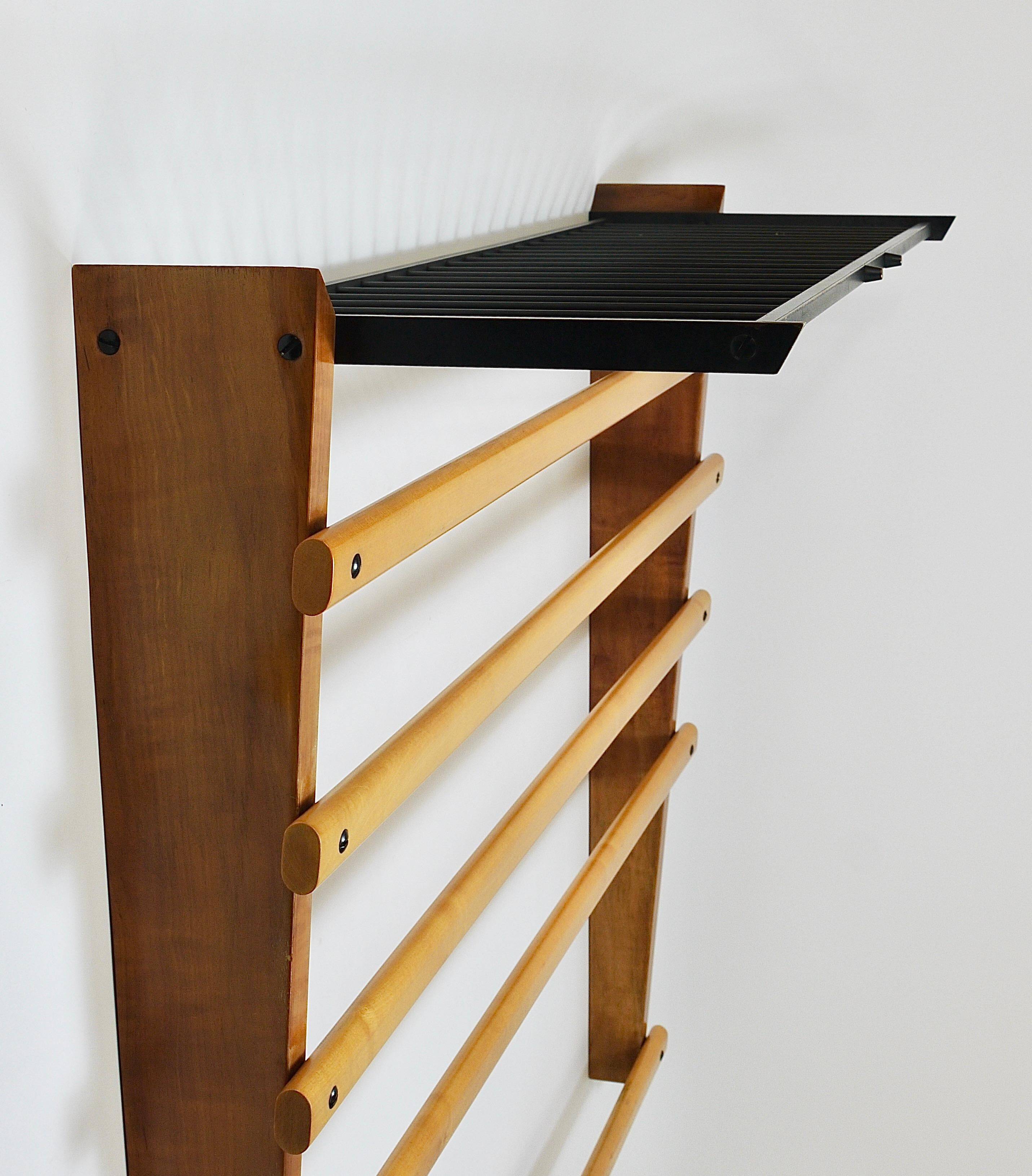 Rare coat rack by Carl Auböck with hat rack, cabinet, brass, walnut and beech, 1950s.