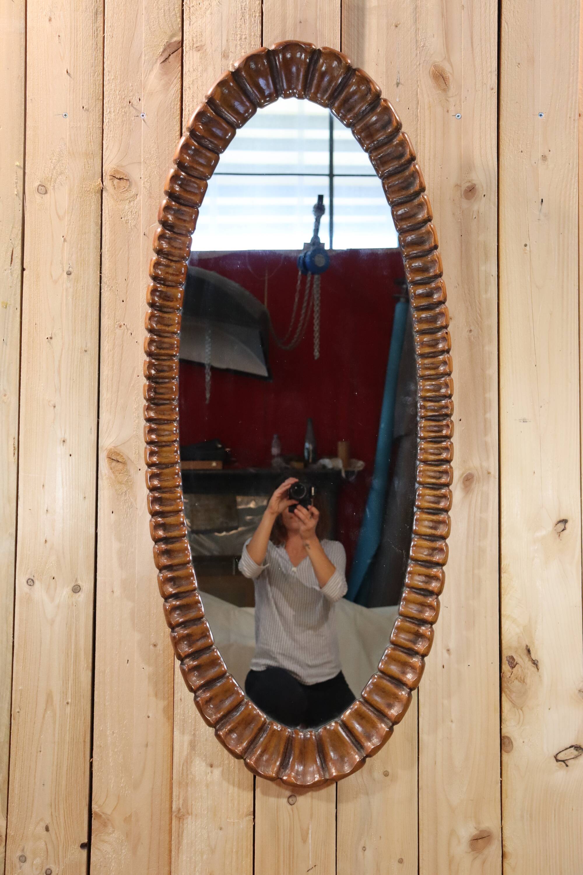Large oval wooden mirror 1950