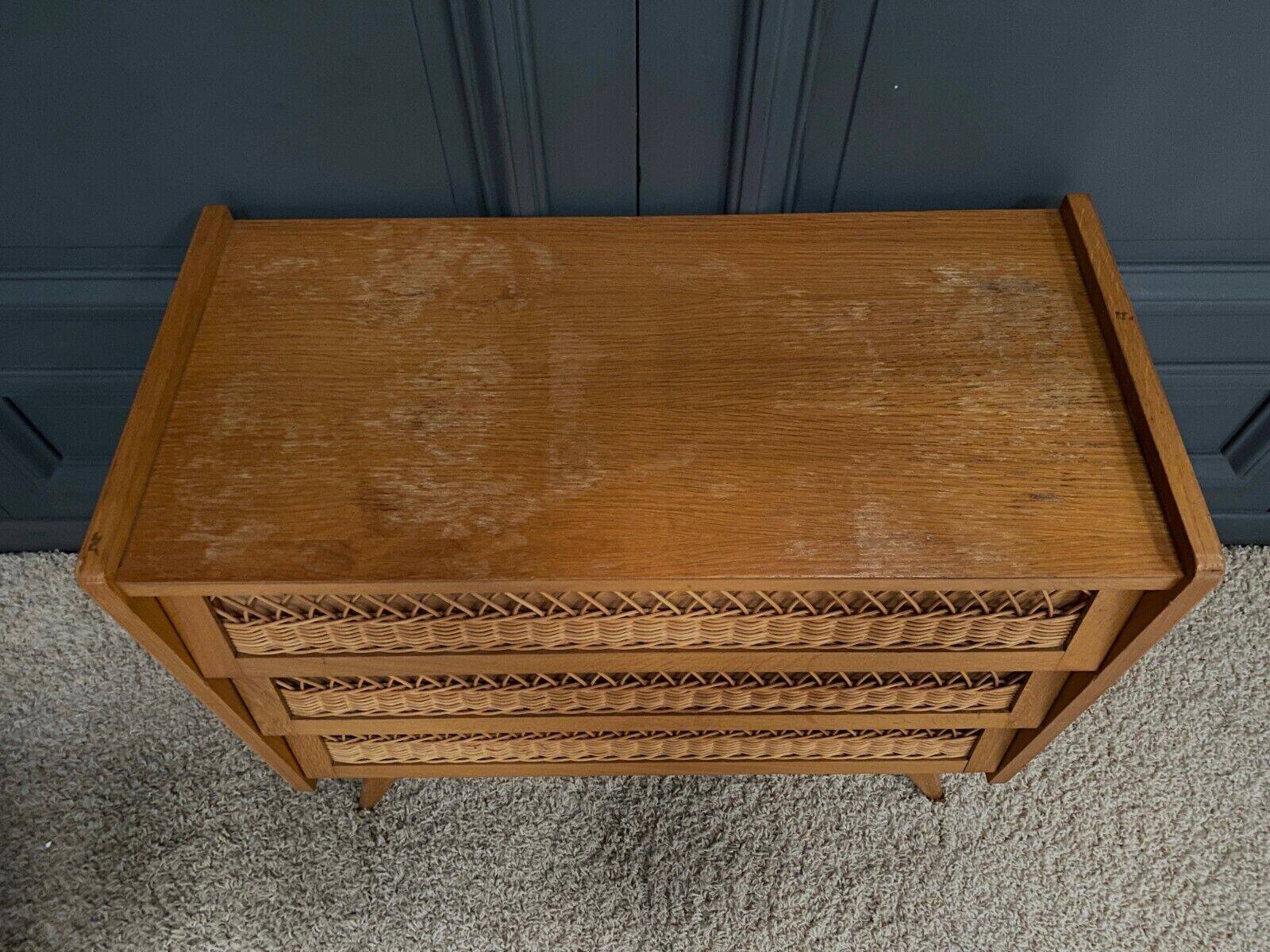 Light oak and rattan chest of drawers with compass feet, three drawers, 1960