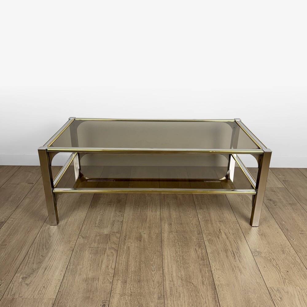 Chrome and smoked glass coffee table with double top from the 1970s.